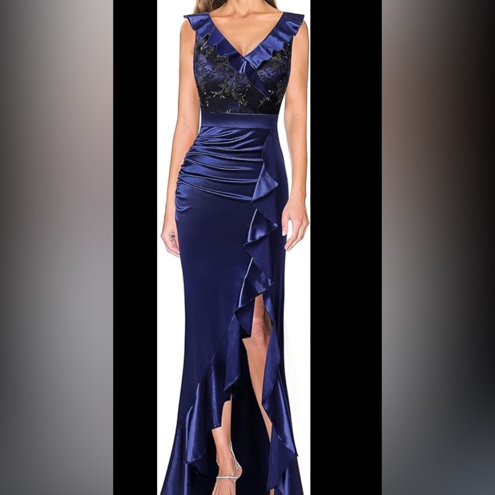 NWTS! Ruffle V Neck Floral Embroidery Ruched Split Formal Evening Maxi Dress